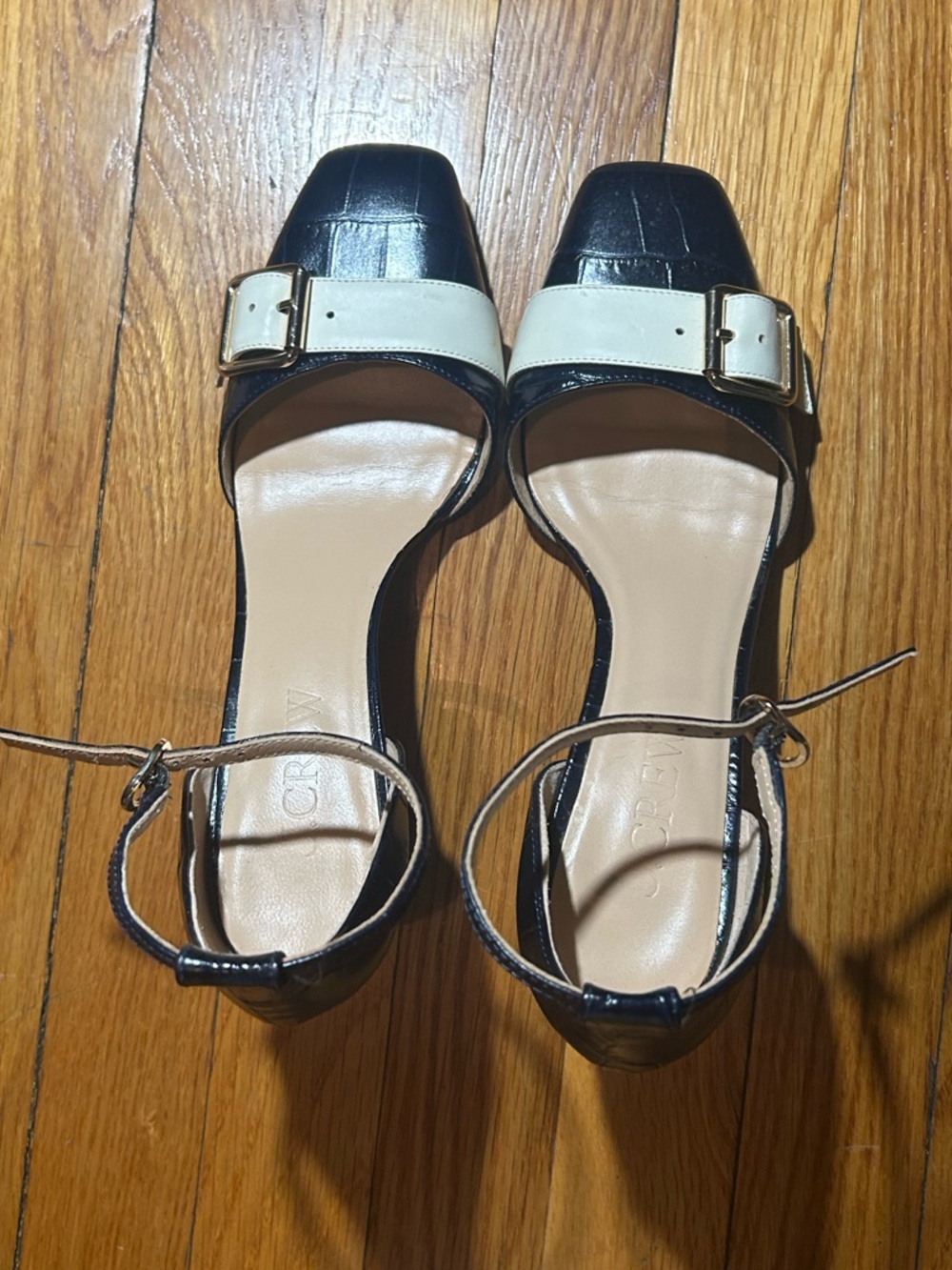 J.Crew Navy Croc Embossed Block Heel Sandals | Two-Tone Buckle Strap | Size 8.5
